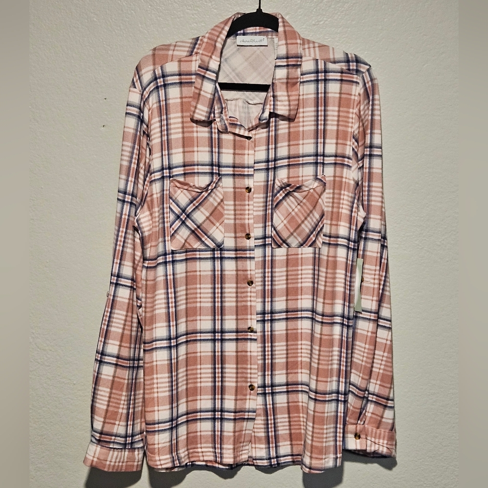 Keren Hart Pink/Navy Plaid Flannel Button-Up Long Sleeve Tab Shirt Size 1X NWT
